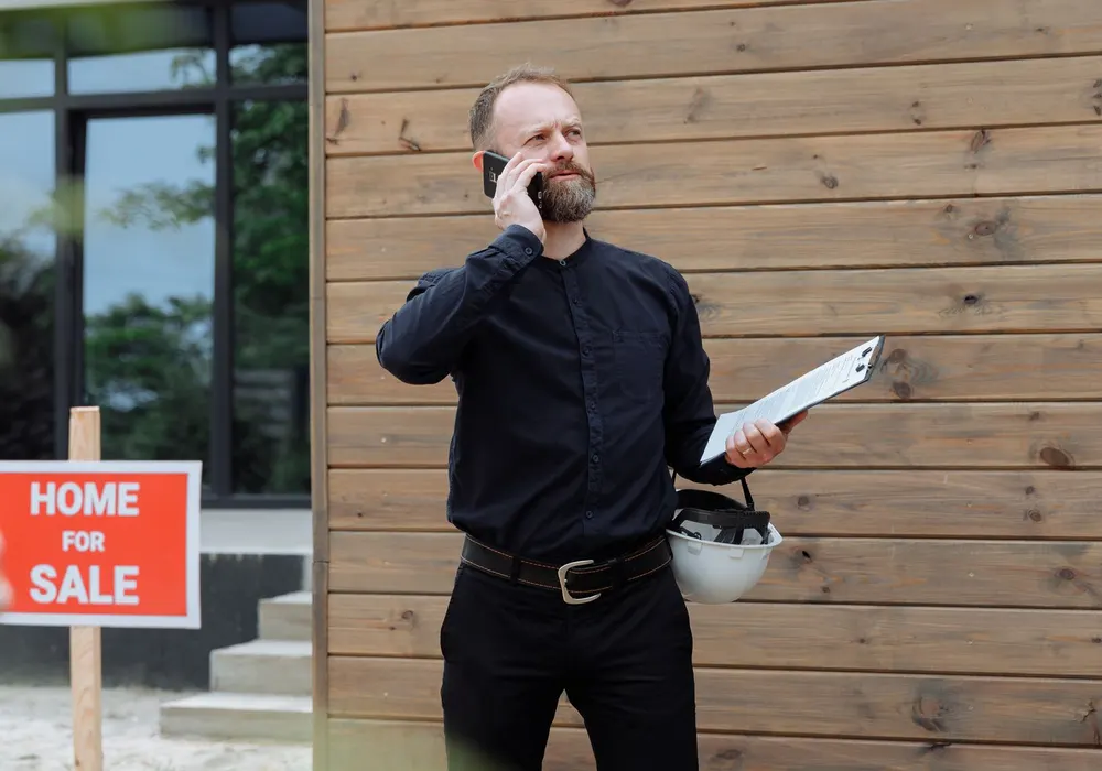 Real estate agent on a phone call while holding documents outside a property