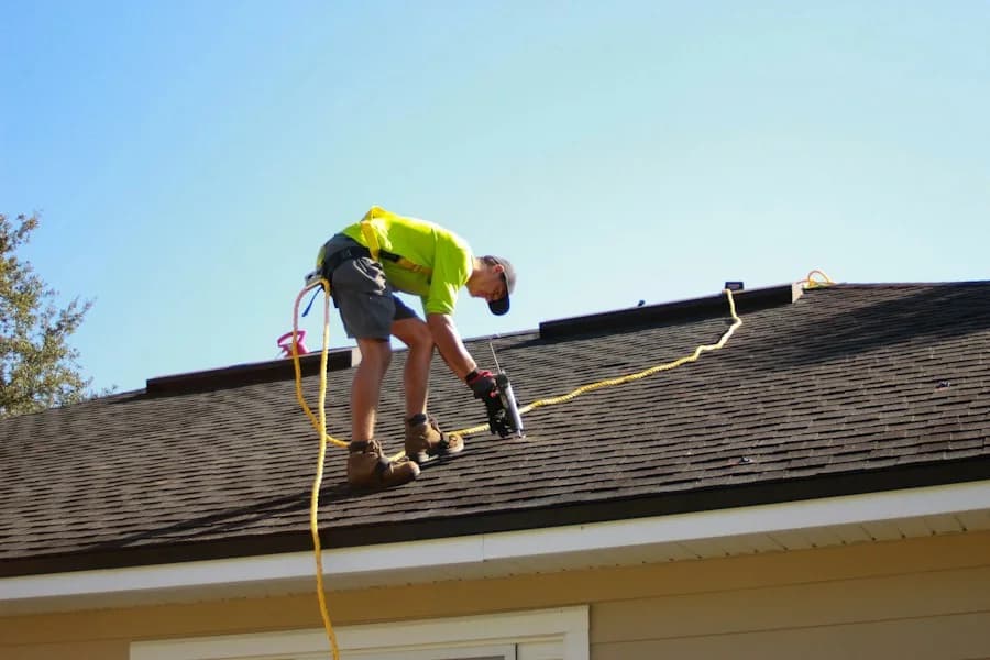 Roofer in a bright jacket working on a pitched roof